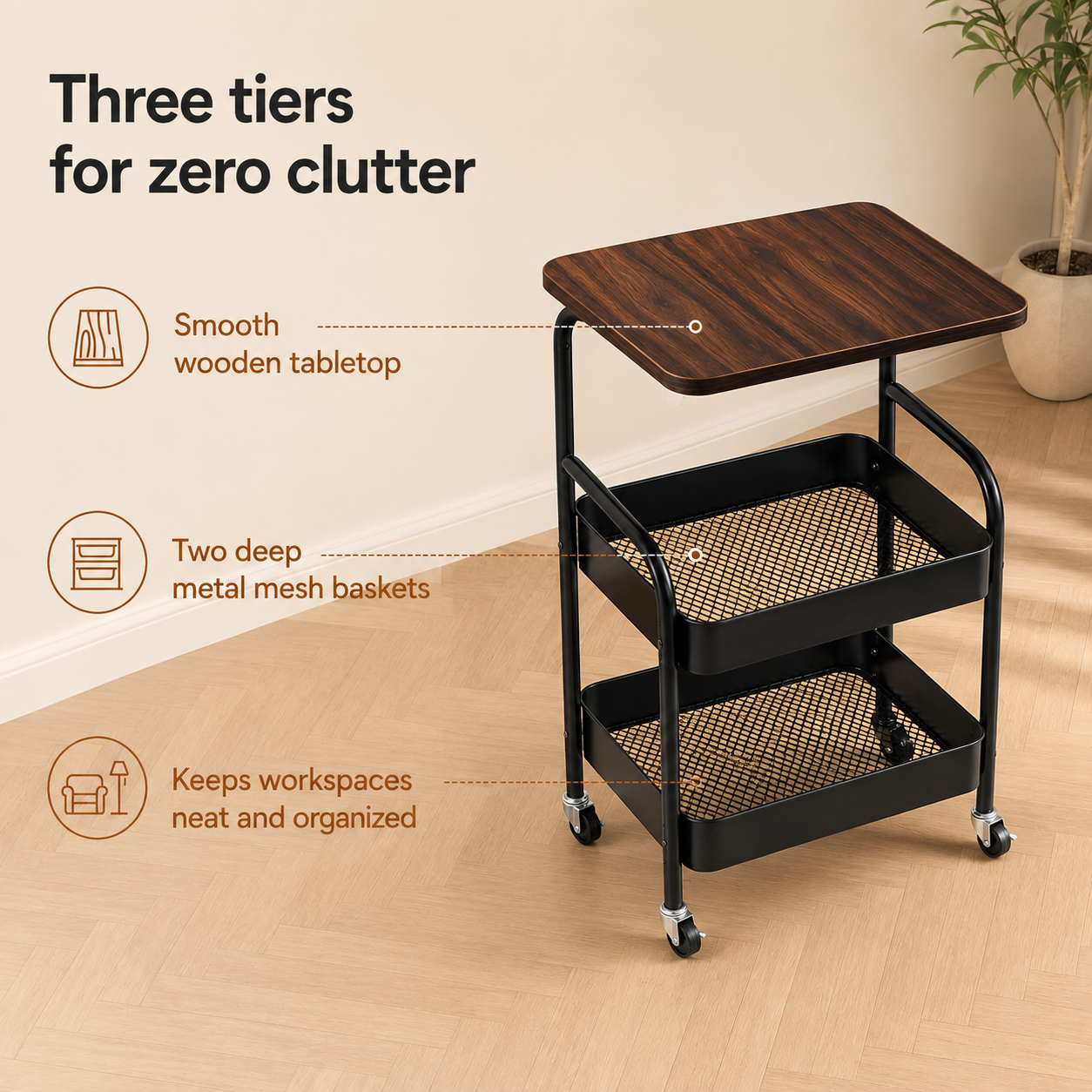 3-Tier Tattoo Studio Furniture Rolling Workstation Cart with Wooden Top & Metal Mesh Storage