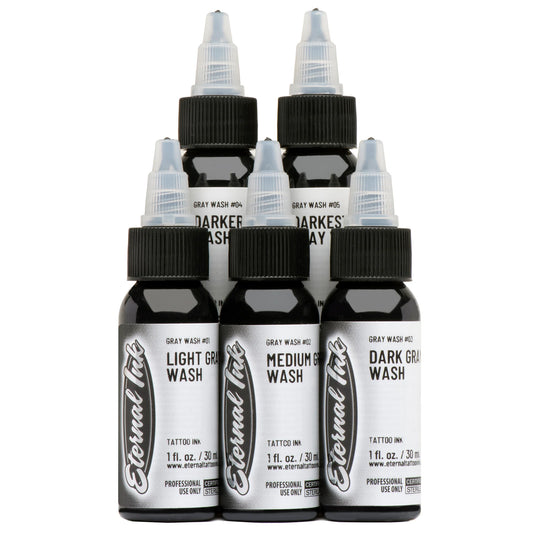 Eternal Tattoo Ink "Grey Wash Set" of 5 Light , Medium , Dark -1 oz