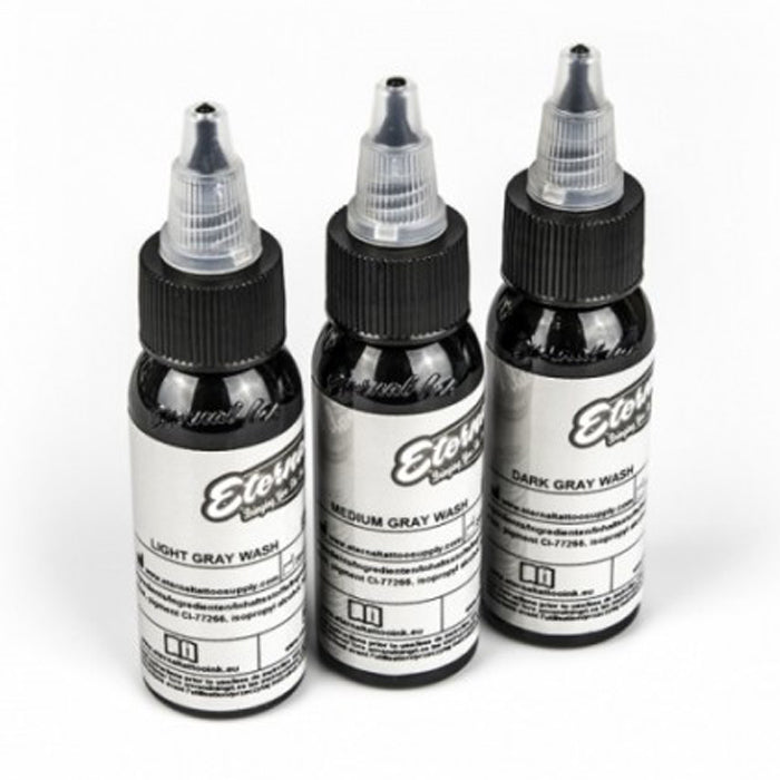 Eternal Tattoo Ink "Grey Wash Set" of 3 Light , Medium , Dark -1 oz