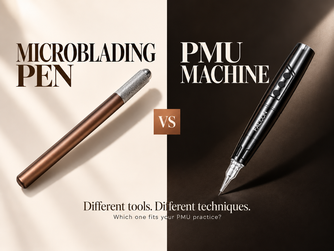 Tattoo Gizmo bronze microblading pen beside a black Falcon wireless PMU machine on an ivory and espresso split background, comparing manual and machine PMU tools.
