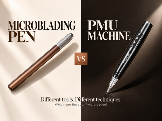 Tattoo Gizmo bronze microblading pen beside a black Falcon wireless PMU machine on an ivory and espresso split background, comparing manual and machine PMU tools.