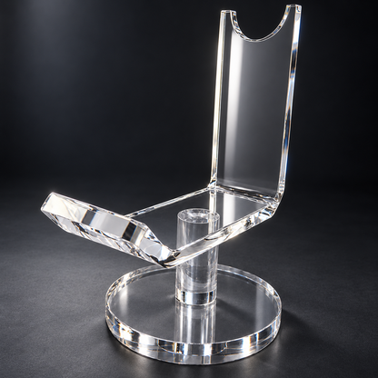 Clear PMU pen machine holder stand on dark background