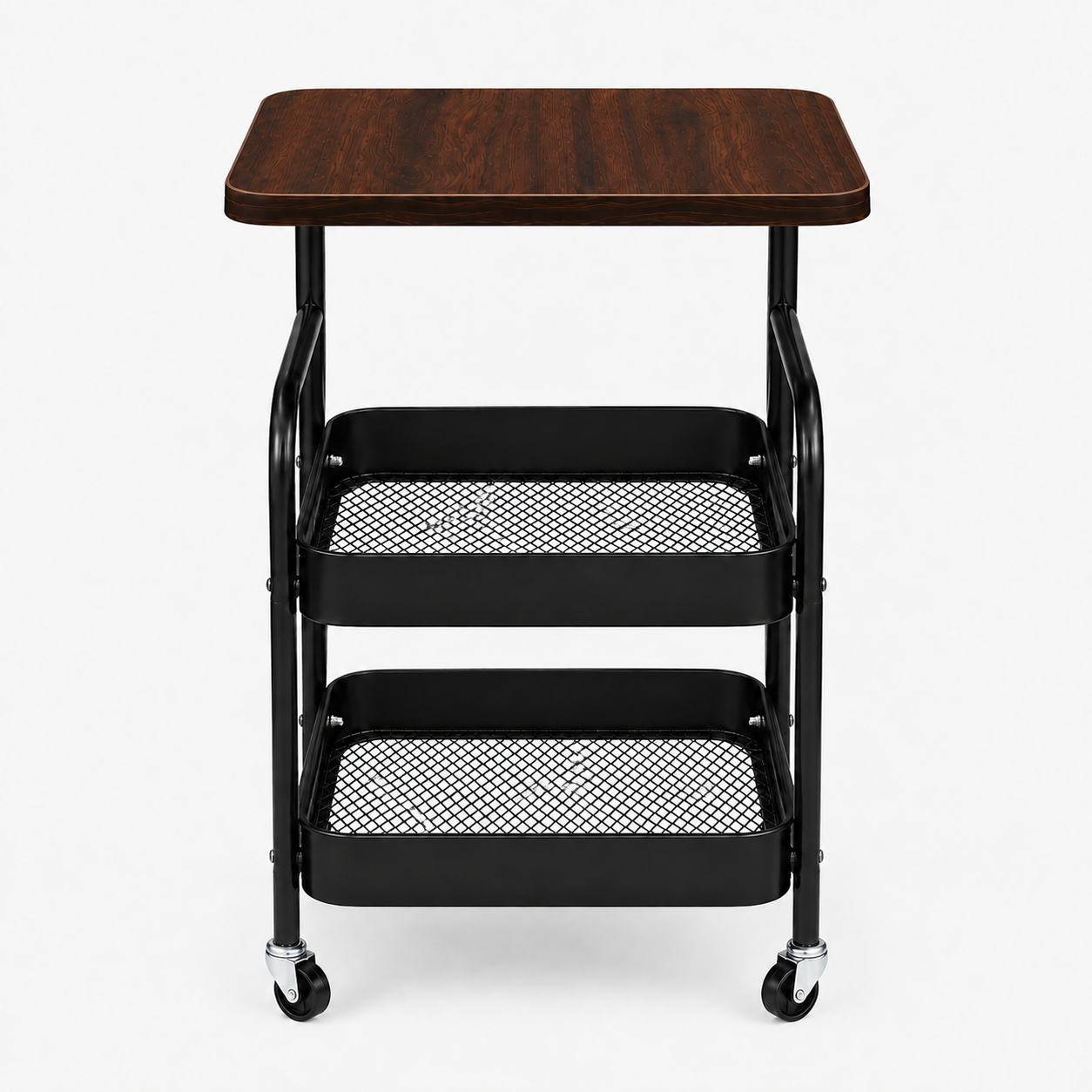3-Tier Tattoo Studio Furniture Rolling Workstation Cart with Wooden Top & Metal Mesh Storage