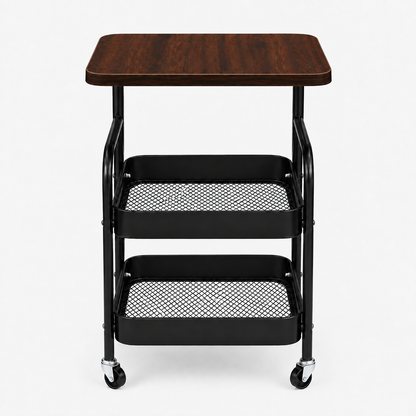 3-Tier Tattoo Studio Furniture Rolling Workstation Cart with Wooden Top & Metal Mesh Storage
