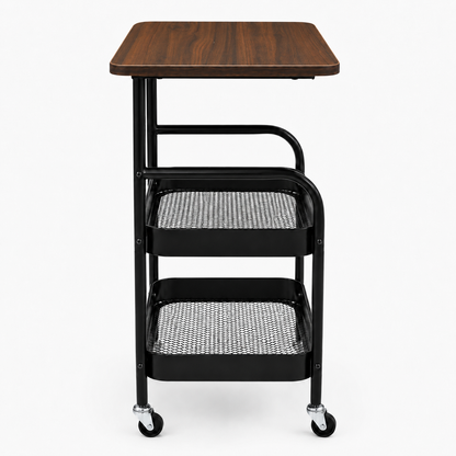 3-Tier Tattoo Studio Furniture Rolling Workstation Cart with Wooden Top & Metal Mesh Storage