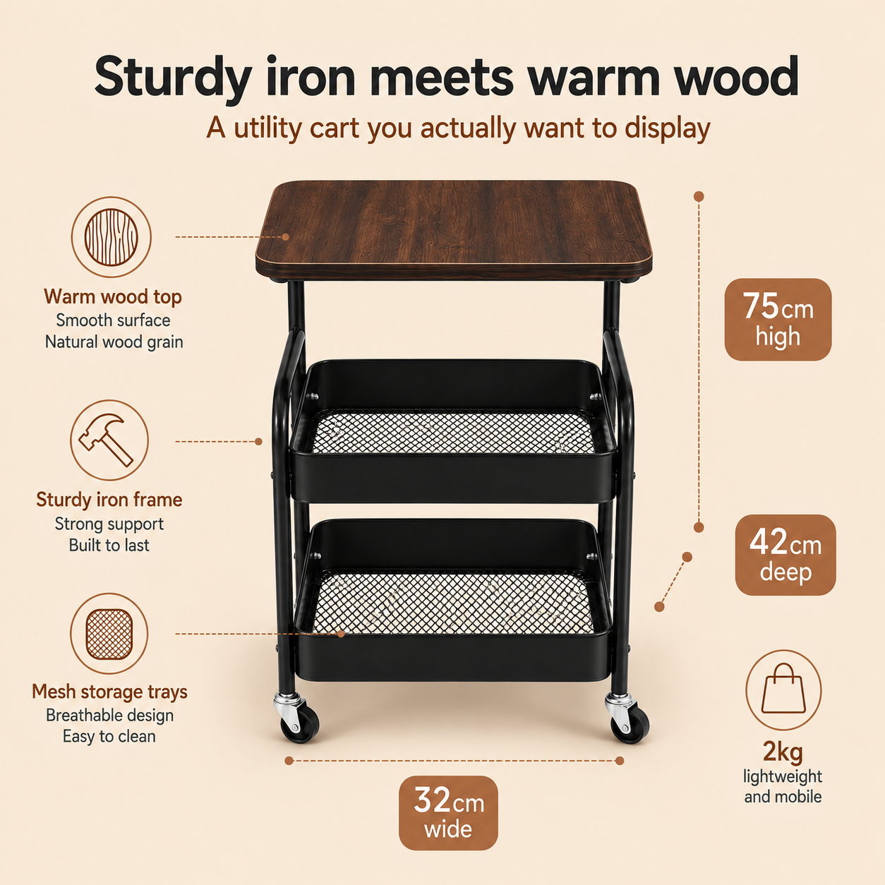 3-Tier Tattoo Studio Furniture Rolling Workstation Cart with Wooden Top & Metal Mesh Storage