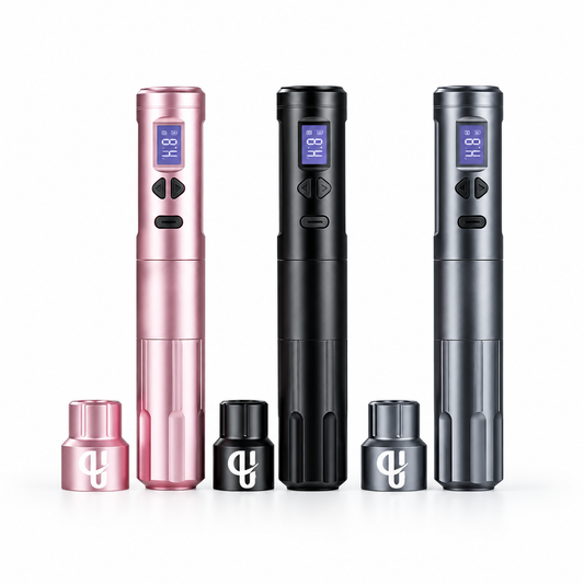 Utopian Glide wireless PMU pen machine set in rose gold, black and graphite with digital display
