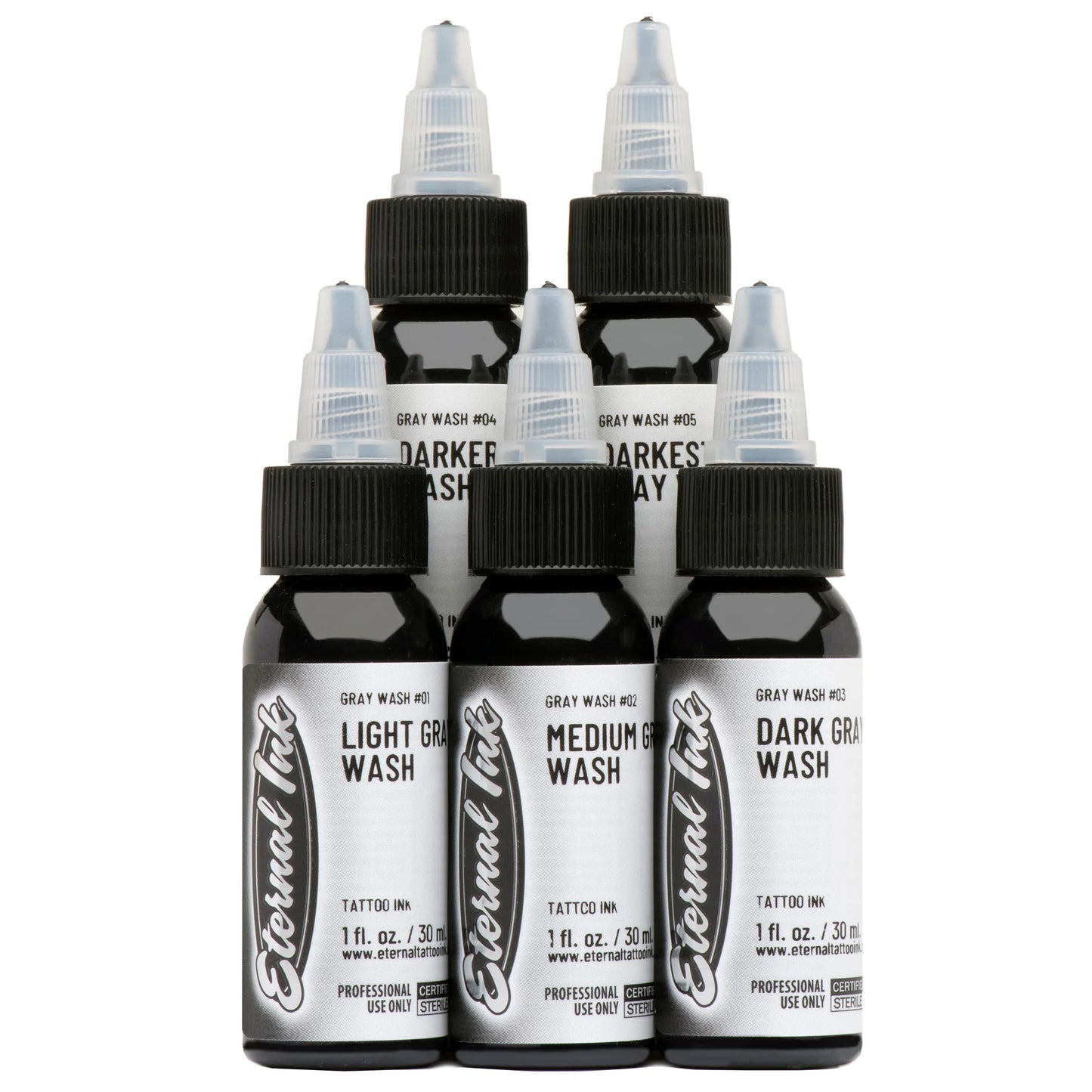 Eternal Tattoo Ink "Grey Wash Set" of 5 Light , Medium , Dark -1 oz 