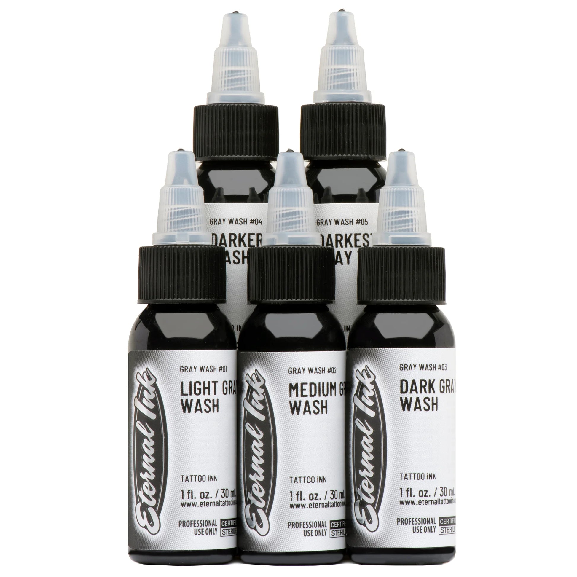 Eternal Tattoo Ink "Grey Wash Set" of 5 Light , Medium , Dark -1 oz 