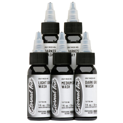 Eternal Tattoo Ink "Grey Wash Set" of 5 Light , Medium , Dark -1 oz 