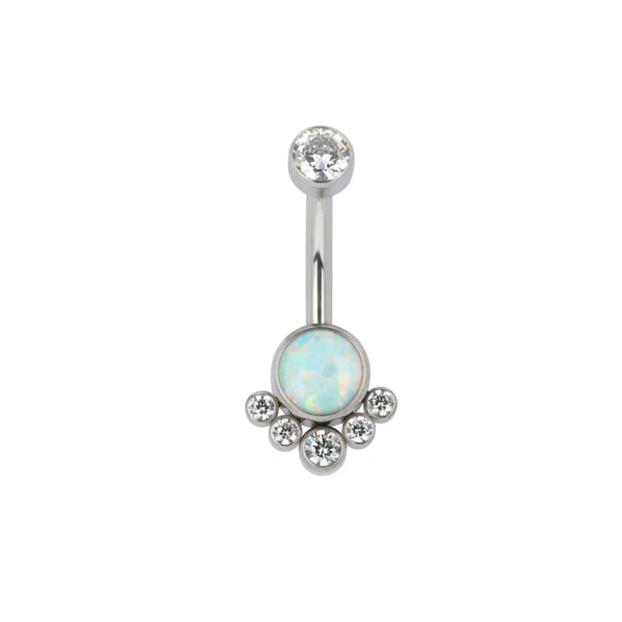 Titanium Push In Bezel Set Opal Stone Center With 5 CZ Around Belly Button Rings